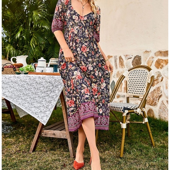 Suzanne Betro Sweetheart Neckline Border Print Midi Dress Sz 1X - Picture 5 of 7